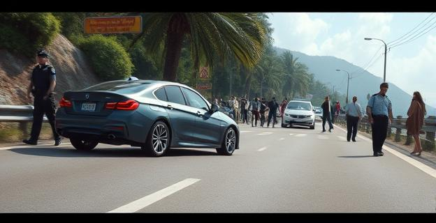 Imagen de un coche accidentado en una carretera turística con gente alrededor, policía en el lugar y una atmósfera de tensión. No incluir personas ni nombres propios.