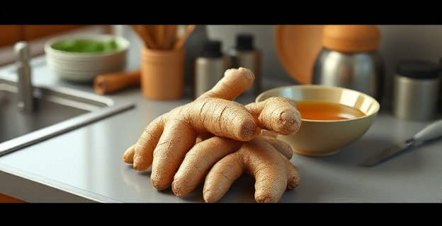 Una raíz de jengibre fresca con un fondo de cocina con diferentes utensilios de cocina y un tazón de infusión de jengibre