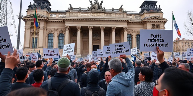 Una imagen de una manifestación en la puerta del Congreso de los Diputados, con personas gritando y sosteniendo pancartas que dicen «¡Puente dimisión!» y «¡Gobierno dimisión!»
