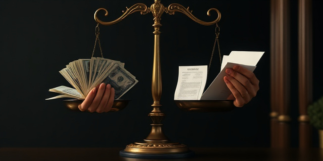 Una balanza antigua con una mano sosteniendo fajos de billetes y otra con facturas y documentos contables. El fondo es oscuro y sugiere un ambiente de opacidad. Estilo barroco, iluminación dramática, colores cálidos y fríos contrastantes.