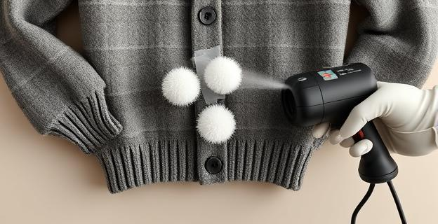 Imagen de una prenda de lana con pelotillas siendo tratada con cinta adhesiva y un quitapelusas eléctrico sobre fondo neutro