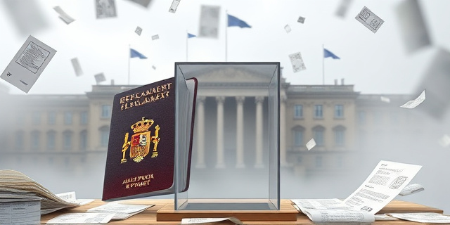 Una ilustración satírica y conceptual. Un pasaporte español antiguo transformándose en una urna electoral de cristal. Al fondo, el edificio del Parlamento Europeo envuelto en una niebla de papeles burocráticos y sellos administrativos. Estilo editorial de revista, colores sobrios con contrastes fuertes, sin rostros humanos identificables.
