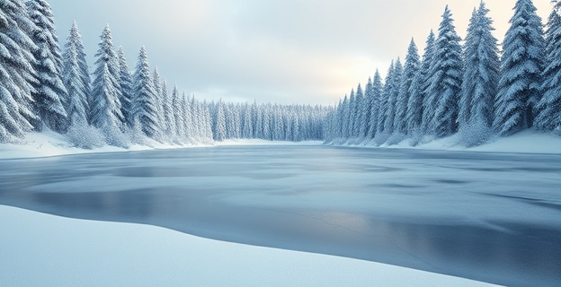 Paisaje invernal finlandés con un lago congelado y bosques nevados al fondo, simbolizando la dureza y belleza del entorno que ha influido en el concepto de sisu.