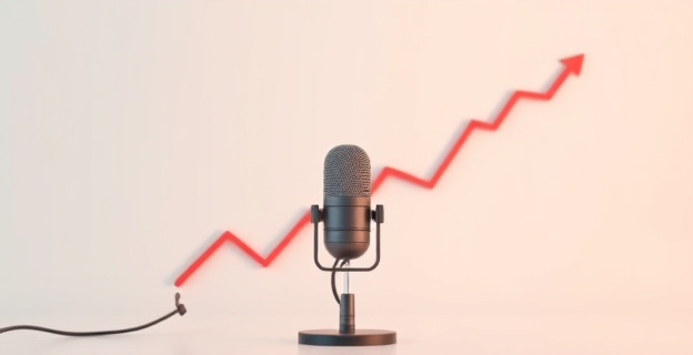 Una imagen conceptual de un micrófono de podcast en un entorno minimalista, con un gráfico de tendencia a la baja en el fondo, simbolizando el fracaso de una propuesta.