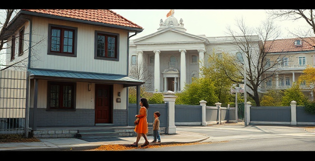 Una imagen que muestre un contraste entre una casa okupada y una familia en la calle, con un fondo de un edificio gubernamental