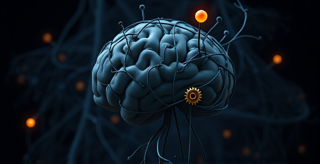 Representación abstracta de la mente humana envuelta en una red de nervios y pensamientos, con un pequeño engranaje que simboliza un impulso repetitivo, y raíces que conectan con símbolos de estrés y frustración. La paleta de colores es oscura y melancólica, con toques brillantes que sugieren la búsqueda de alivio. Sin personas ni manos.