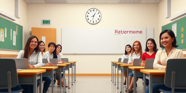 Un grupo de profesores sonrientes en un aula vacía, con un reloj de fondo que marca la hora de la jubilación, mientras unos jóvenes docentes entusiastas observan desde la puerta
