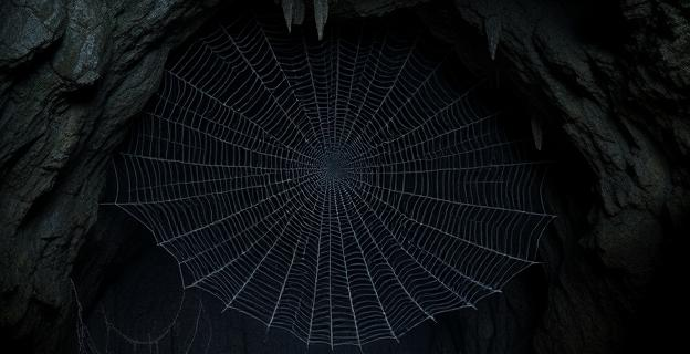 Cueva oscura con una enorme telaraña que cubre una pared rocosa, formada por miles de redes individuales en forma de embudo, en un entorno subterráneo con estalactitas y estalagmitas.