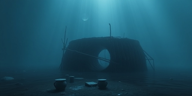Una ilustración conceptual y atmosférica de una isla artificial antigua (crannog) en un lago escocés oscuro y brumoso. Bajo el agua, se debe ver una estructura de madera circular masiva y fragmentos de cerámica neolítica brillando débilmente en el sedimento. Estilo artístico de realismo cinematográfico, tonos fríos, azules profundos y grises, con una sensación de misterio y tiempo suspendido.