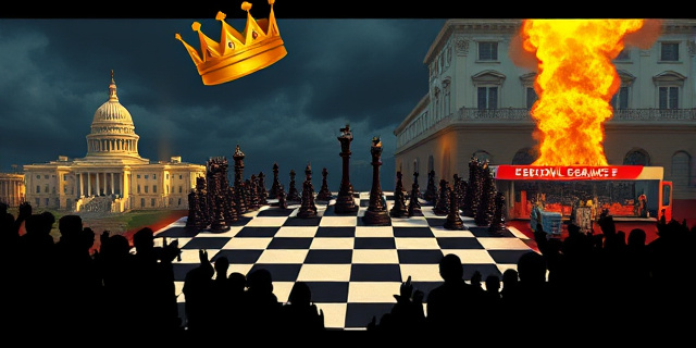 Una ilustración conceptual y satírica que muestra un tablero de ajedrez donde las piezas son edificios gubernamentales y siluetas de multitudes, con una corona dorada flotando sobre el tablero y una gasolinera en llamas en una esquina, estilo editorial de revista política, colores contrastados, atmósfera de tensión.