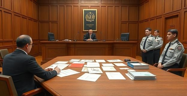 Una sala de un tribunal con un juez y varios guardias civiles, con documentos y pantallas de ordenador sobre la mesa, representando una investigación judicial en curso.