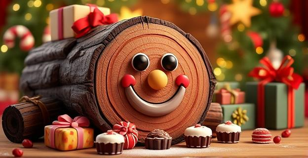 Imagen de un tronco de madera decorado con una cara sonriente y una barretina, rodeado de dulces y regalos, con un ambiente navideño al fondo