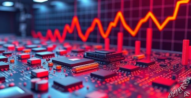 Imagen de una fábrica de semiconductores con chips y circuitos integrados en primer plano, con un fondo que muestra un gráfico de acciones desplomándose.