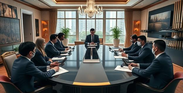 Imagen de una reunión de negocios en una casa de lujo con personas alrededor de una mesa grande, con documentos y teléfonos móviles sobre la mesa, en un ambiente tenso y de presión.