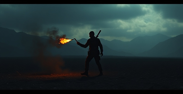 Una escena oscura y tensa en un descampado entre montañas, donde una figura solitaria con un soplete está destruyendo armas ilegales. Al fondo, una silueta de montañas vascas.