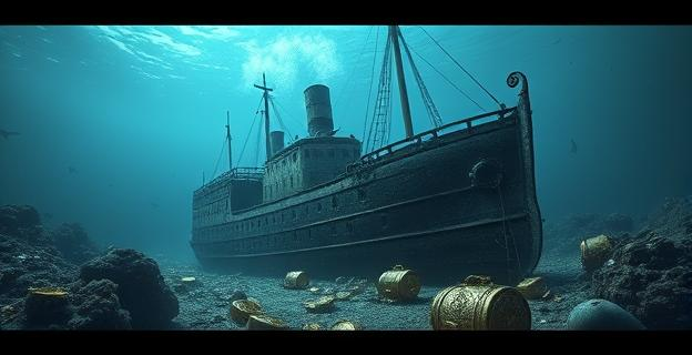 Imagen de un barco de vapor antiguo en el fondo del mar con oro y tesoros alrededor, a 2.000 metros de profundidad en el Atlántico occidental