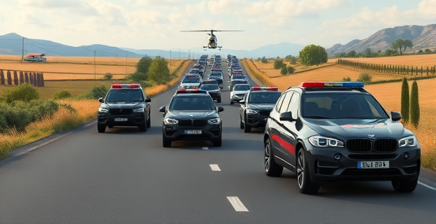 Una larga fila de coches oficiales y vehículos de escolta avanzando por una carretera rodeada de paisajes rurales. Destacan tres SUV negros y un coche patrulla de la Guardia Civil. Al fondo, un helicóptero sobrevuela la zona.