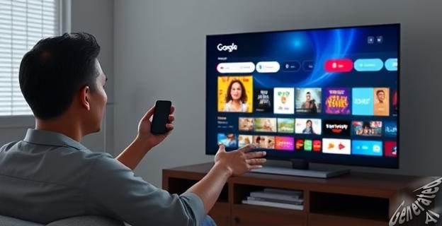 Una persona interactuando con un televisor inteligente con Google TV, utilizando la voz para hacer preguntas y obtener recomendaciones de contenido.