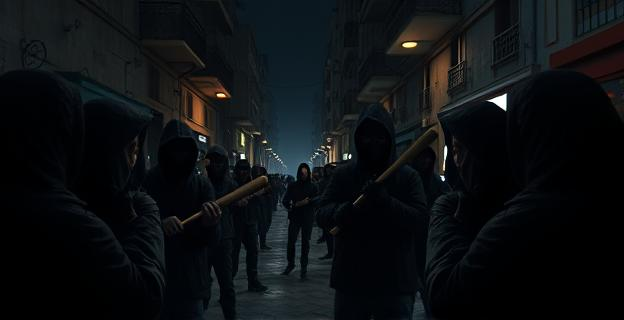 Una escena nocturna en una calle oscura de un pueblo español con grupos de personas encapuchadas y armadas con bates de béisbol y machetes. Hay tensión en el aire y se percibe un ambiente de miedo y violencia.