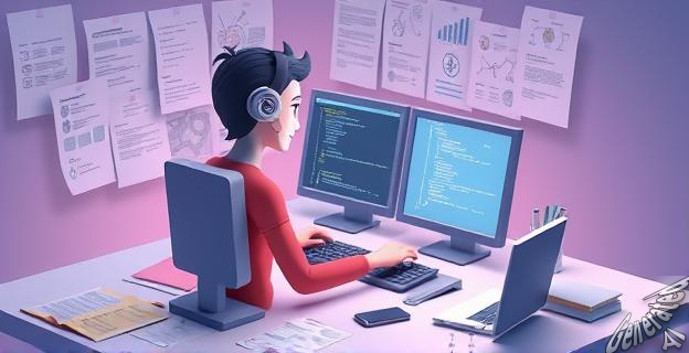 Ilustración de una persona trabajando en una computadora con una IA ayudándole a programar, rodeado de notas y diagramas.