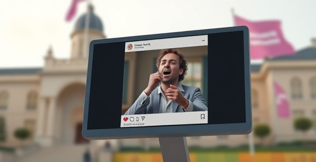 Imagen de una pantalla de ordenador mostrando un vídeo viral en redes sociales con un hombre cantando cánticos machistas, mientras al fondo se ve un ayuntamiento o edificio institucional con bandera de igualdad o feminista