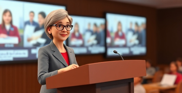 Una ministra de Educación en un podio, con un gesto de oradora, mientras al fondo se ven pantallas con imágenes de profesores y alumnos. La expresión de la ministra es decidida pero hay un contraste entre su confianza y las sombras que proyectan los profesores descontentos al fondo.