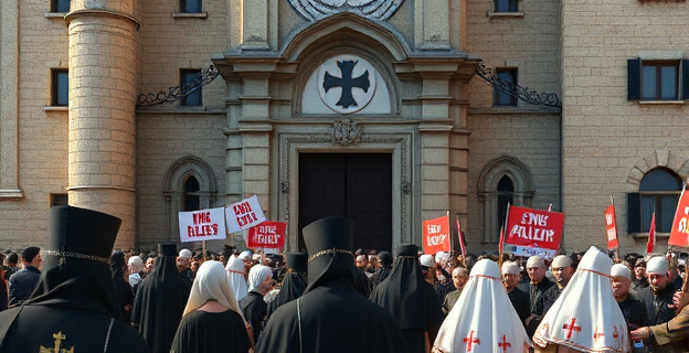 Una escena que muestra la fachada de un antiguo edificio histórico con una cruz templaria en la puerta, mientras una multitud de personas con hábitos religiosos se congregan frente a él con pancartas de protesta