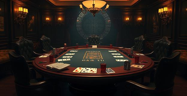 Una mesa de póquer clandestina con cartas marcadas y gafas con rayos X en un sótano oscuro y lujoso, con ambiente de tensión y secreto