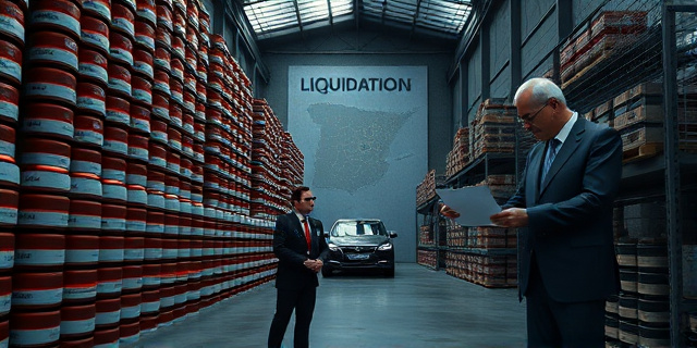 
  Una imagen surrealista de un almacén industrial lleno de balizas V16 apiladas como latas de cerveza vacías, con un cartel de 
