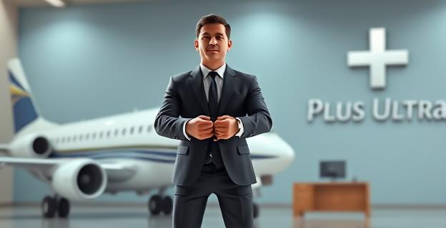 Imagen de un empresario esposado con un avión al fondo y un logo de Plus Ultra en la pared