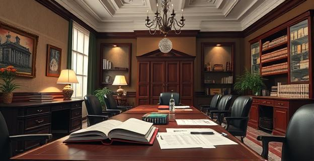 Imagen de un despacho de abogados con documentos legales y una reunión en curso, con una atmósfera tensa y un ambiente de secretismo
