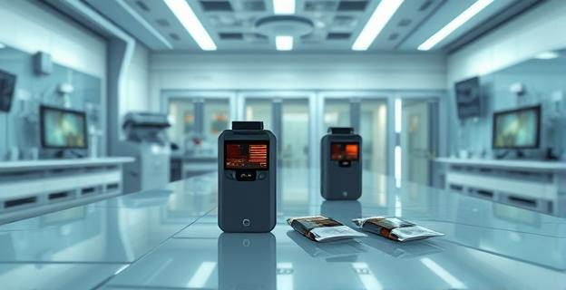 Imagen de un centro de investigación futurista con dispositivos de tabaco calentado y bolsas de nicotina sobre una mesa de laboratorio