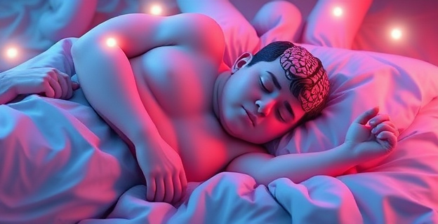 Una representación surrealista de un cuerpo humano dormido con extremidades sobresaltadas, rodeado de ondas cerebrales y luces tenues que simbolizan el sueño y la vigilia