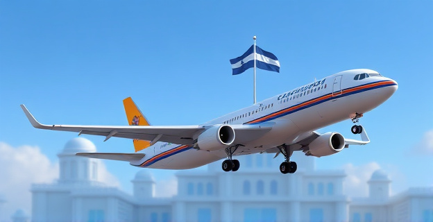 Imagen de un avión despegando con diplomáticos y cooperantes españoles, mientras al fondo se ve la silueta de un edificio gubernamental nicaragüense con la bandera de Nicaragua ondeando a media asta.