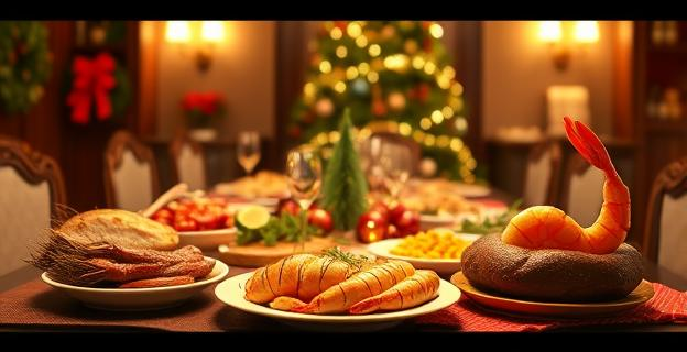 Una mesa llena de comida navideña con marisco, rosbif y cóctel de gambas en un comedor