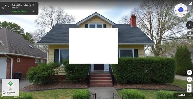 Una casa con la fachada difuminada en una imagen de Street View de Google Maps, con un recuadro que cubre la zona a difuminar.