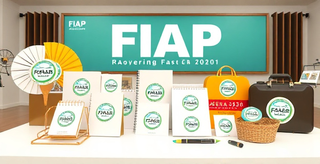 Imagen de una mesa con diversos objetos de merchandising como abanicos, agendas, bolígrafos, cestas de bebé y maletines, todos con el logo de la Agenda 2030. En el fondo, un gran estandarte con el logotipo de la FIAP.