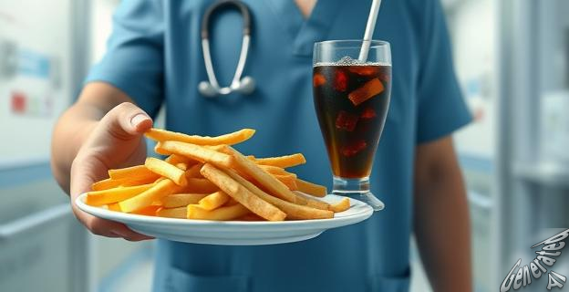 Una persona sosteniendo un plato con papas fritas y un vaso de refresco, con un fondo de un hospital o una clínica médica.