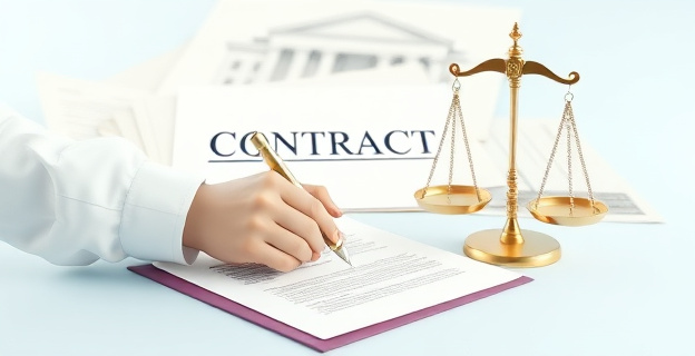 Una representación visual de un contrato siendo firmado con un fondo de documentos gubernamentales y una balanza de justicia al lado, simbolizando la transparencia y el control en la adjudicación de contratos públicos.