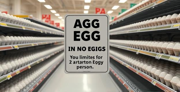 Imagen de un supermercado con un cartel que limita la compra de huevos a dos cajas por persona, con estantes vacíos o casi vacíos de huevos en el fondo.