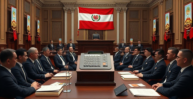 Una sala llena de trajes formales con una caja registradora grande en el centro, rodeada de papeles y documentos oficiales. Al fondo, una imagen del Tribunal de Cuentas con una bandera nacional ondeando.