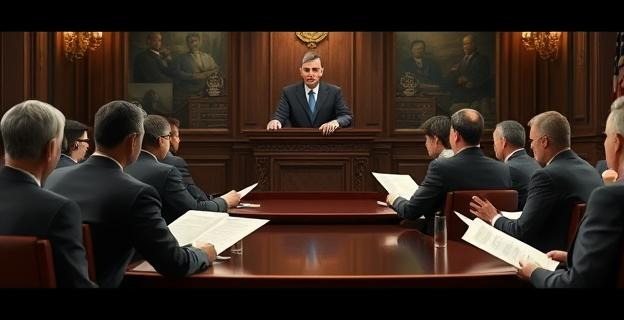 Una sala llena de abogados del Estado discutiendo documentos legales con una figura judicial al fondo