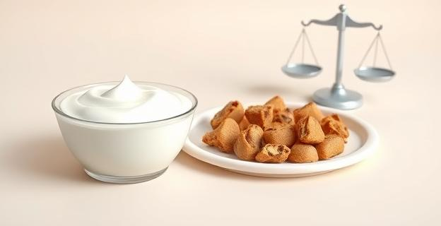 Un tazón de yogur natural junto a un plato de comida para perros, con un fondo neutro que muestra una balanza simbolizando la moderación