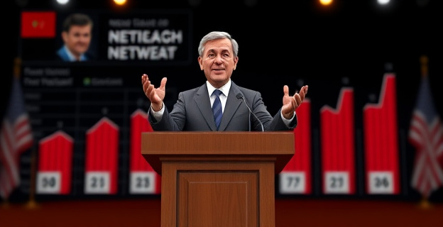 Imagen de un político en un podio culpando a otro político fallecido, con gráficos electorales de fondo mostrando resultados negativos