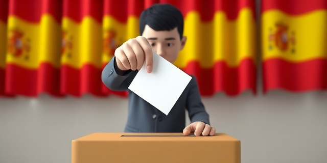 Una imagen de una persona votando en una urna, con un fondo de banderas españolas