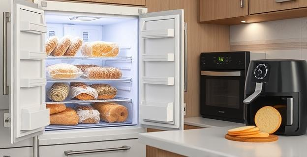 Imagen de una cocina con un congelador abierto mostrando panes envueltos en film transparente y bolsas de congelación. En la encimera, un horno y una freidora de aire con rebanadas de pan al lado.