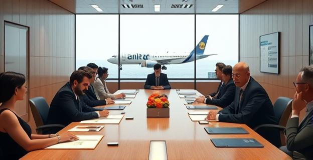 Imagen de una sala de juntas con documentos y personas alrededor de una mesa, con una aerolínea de fondo