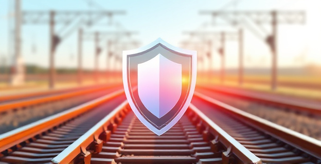 Una representación visual de un escudo tecnológico protegiendo una red de datos corporativos con un fondo de vías férreas estilizadas.