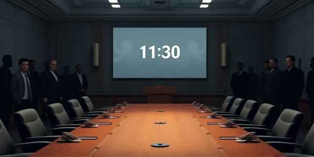 Una sala de gobierno en la Moncloa, con una mesa de reuniones vacía y una gran pantalla que muestra un reloj marcando 11:30. El ambiente es tenso; se ve la silueta de figuras políticas a la distancia, sin rostros identificables, con un fondo de un murmullo de gente. La iluminación es tenue, con luz que resalta el contraste entre la oficina y el exterior.