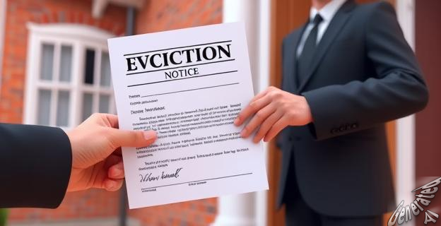 Una imagen de una persona entregando una notificación de desahucio a un okupa en una vivienda, con un juez o abogado al fondo.